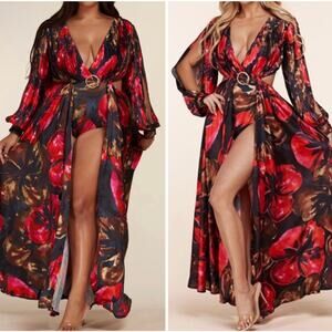 L’Atiste by Amy Red Floral Pleated Maxi Dress Women 3X Resort Vacation Boho Glam
